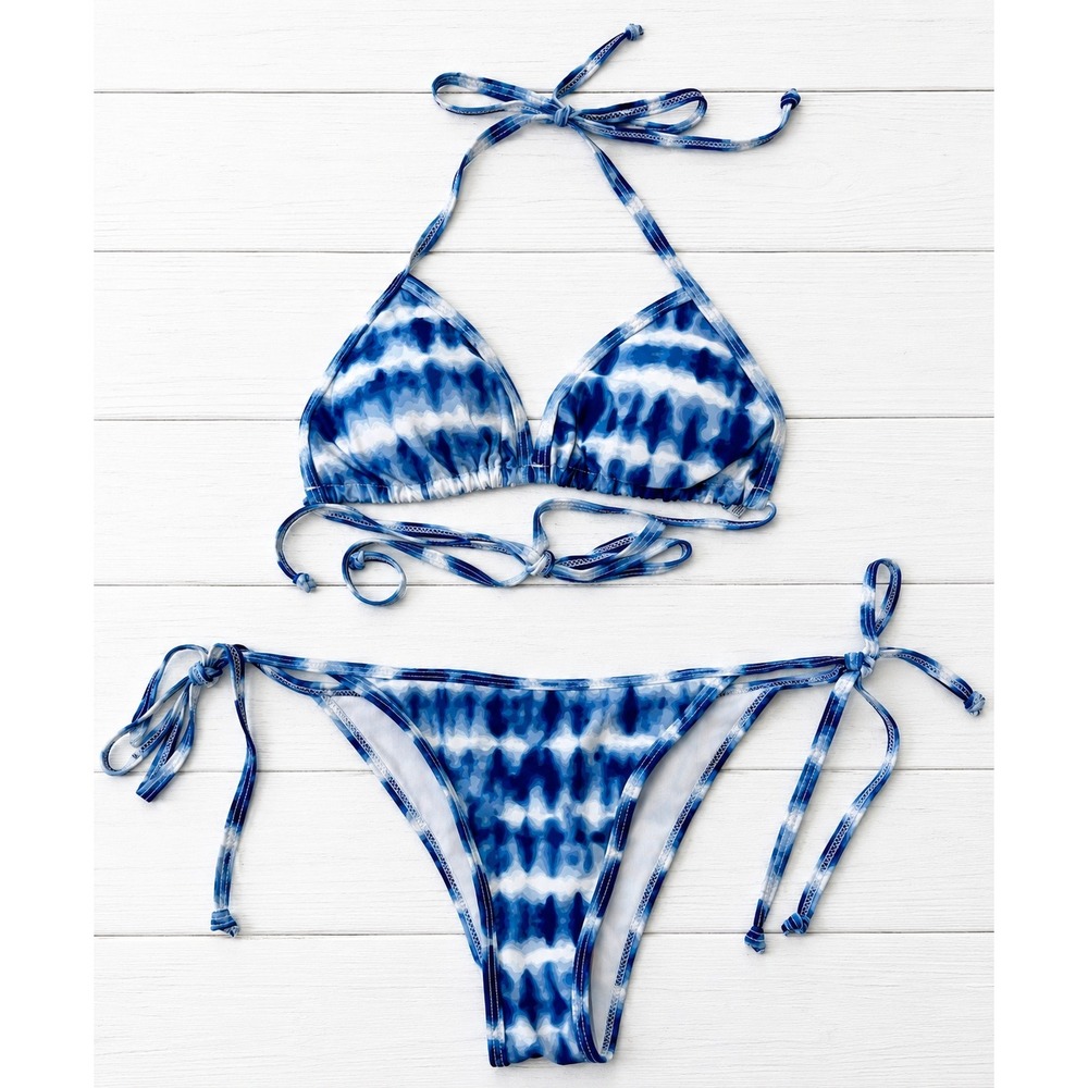 Zowya Bikini Set Blue White Tie Dye Triangle Halter Tie Beachwear Swimsuit XS